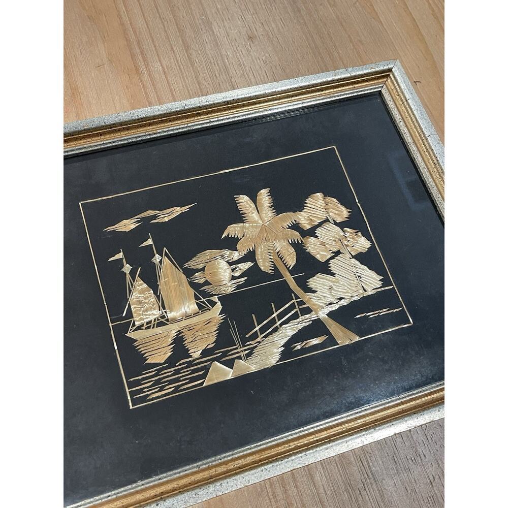 Framed Vintage Asian Straw Art with Sailboats Nautical Island Theme 1950-60s - Picture 8 of 8